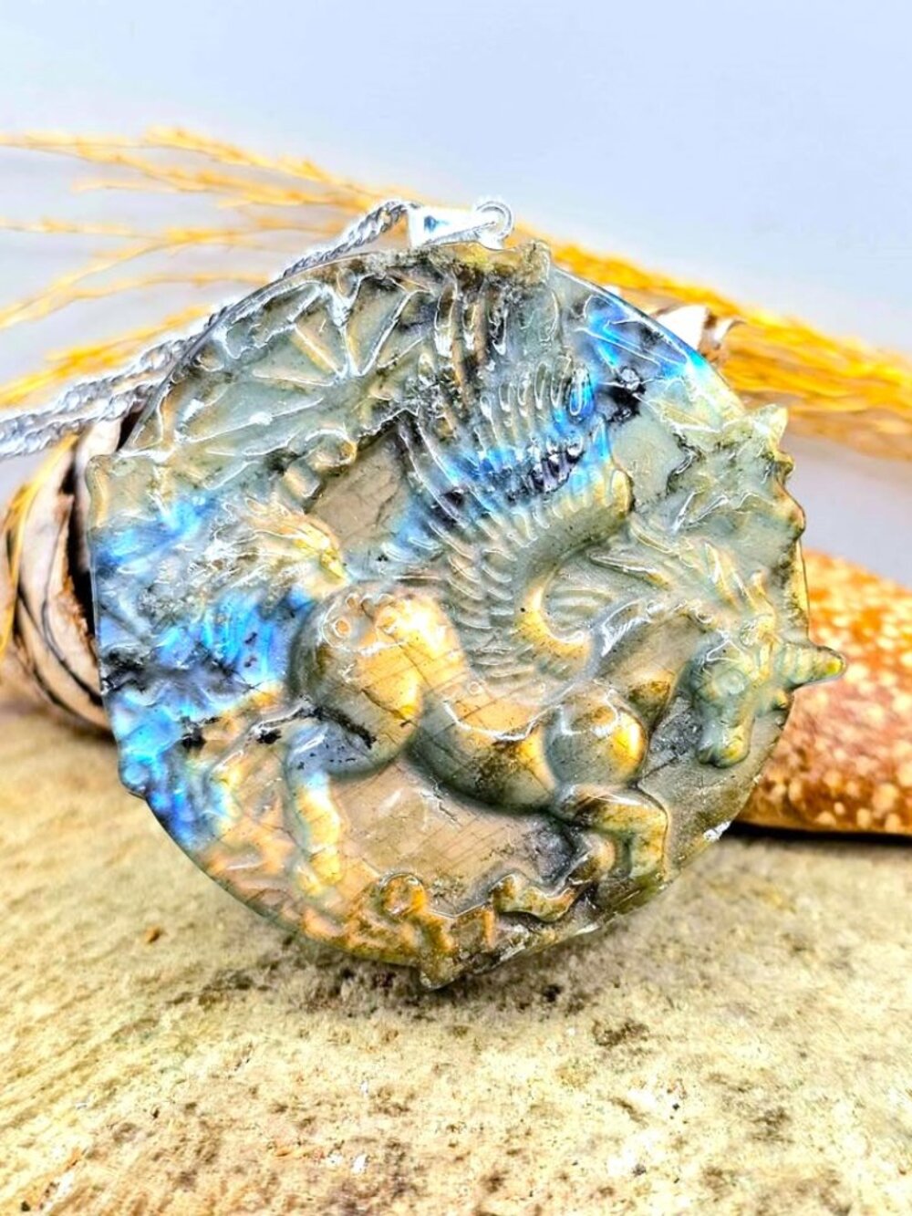 Labradorite Pegasus Pendant • Flying Pegasus Carving • Flashy Crystal Necklace